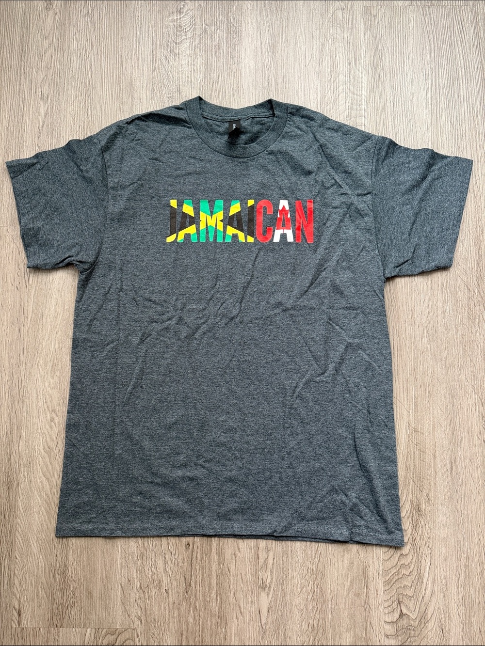 Gildan Charcoal T-Shirt with Green Yellow Red "JAMAICAN" Graphic